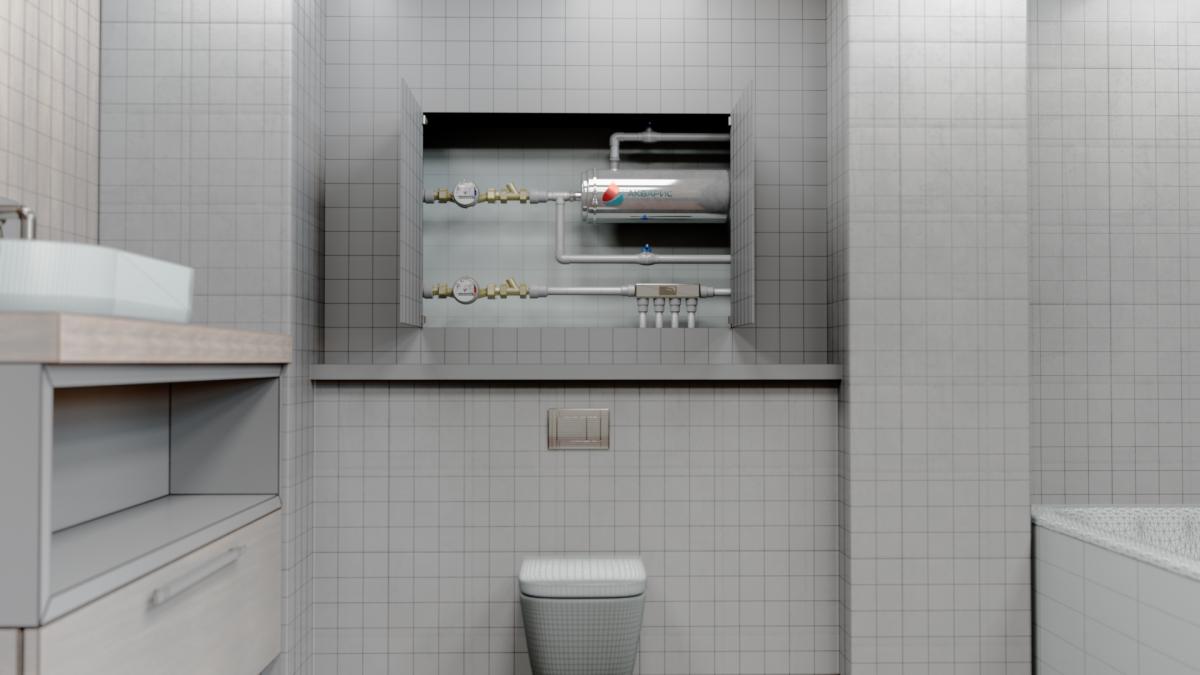 Половолоконный фильтр для воды Акварис установлен в сантехническом шкафу в городской квартире